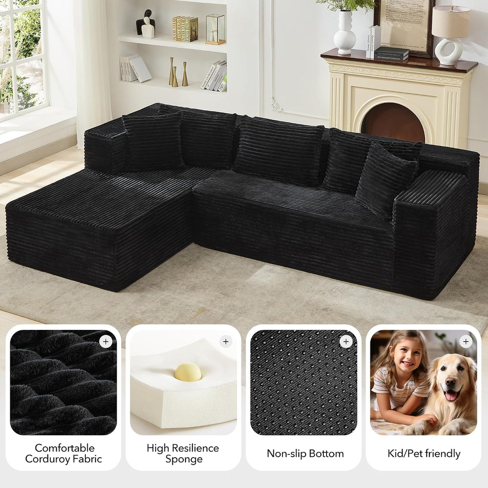 106" L Shaped Modular Cloud Sectional Sofa with Cushions, Black | 4-in-1...