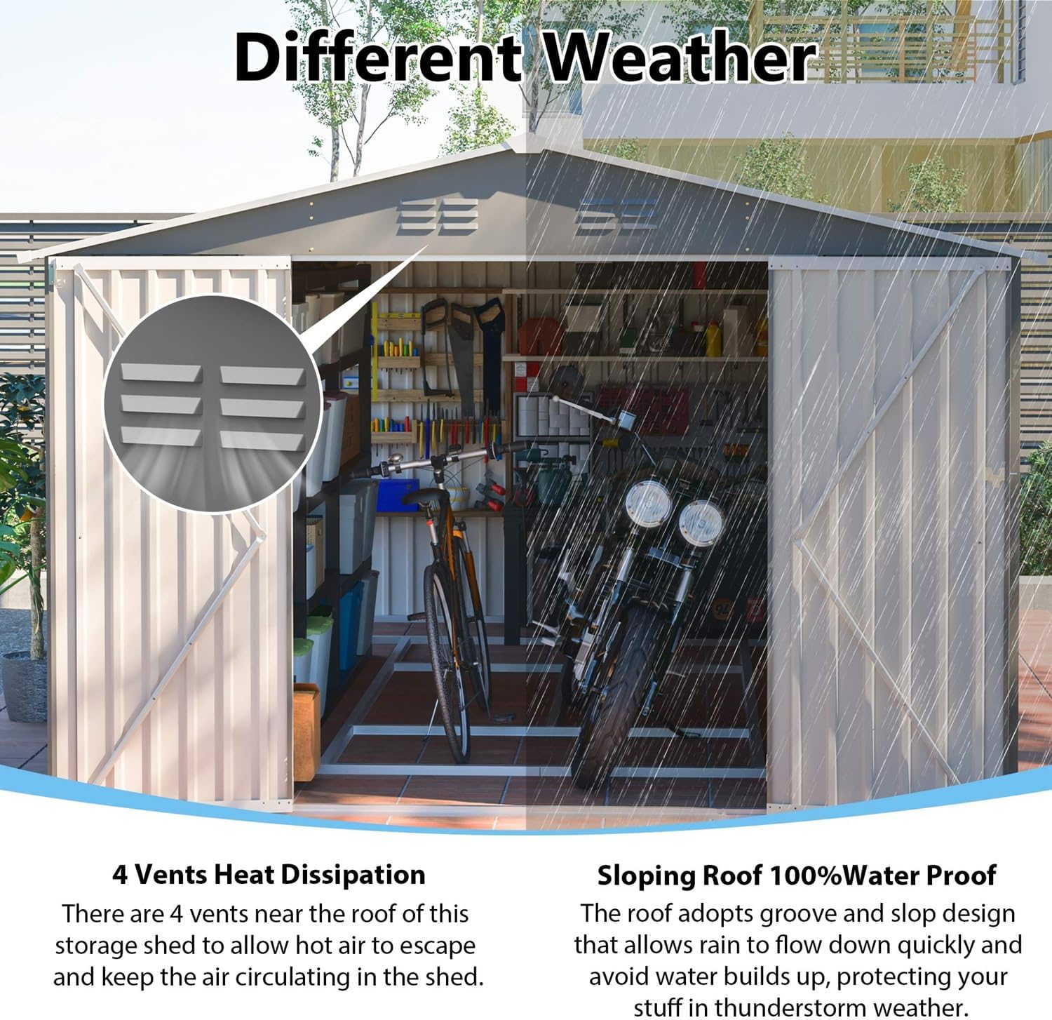 14x10 FT Outdoor Metal Storage Shed with Side Door & Floor Frame, Extra-Large Tool Shed with Lockable Double Doors, Weatherproof Garden Shed for Backyard, Lawn Equipment and Patio Storage