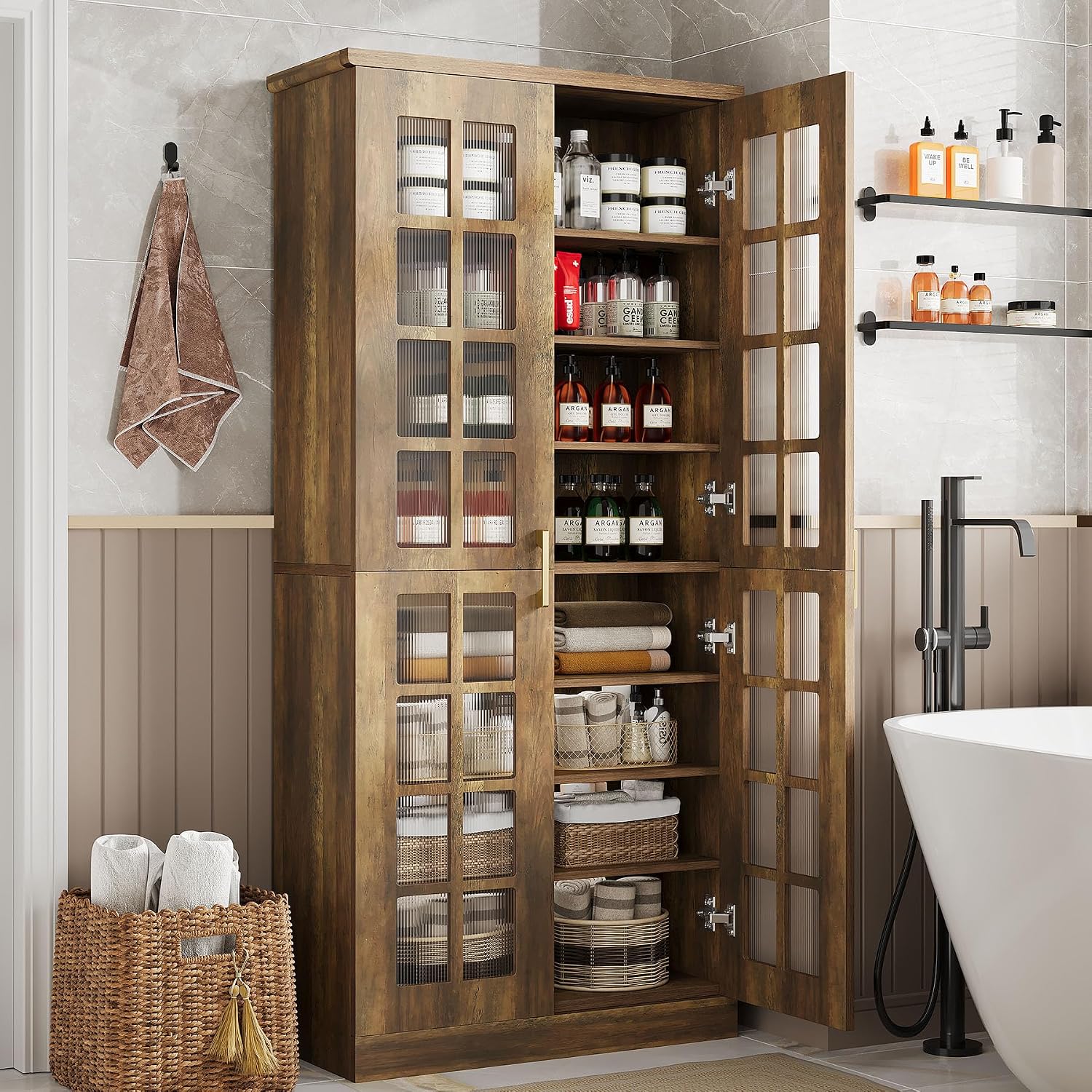 Tribesigns 71" Tall Kitchen Pantry Cabinet with Doors and Adjustable Shelves, Modern Rustic Storage Cabinet Wooden Cabinet for Kitchen, Dining Room, Rustic Brown