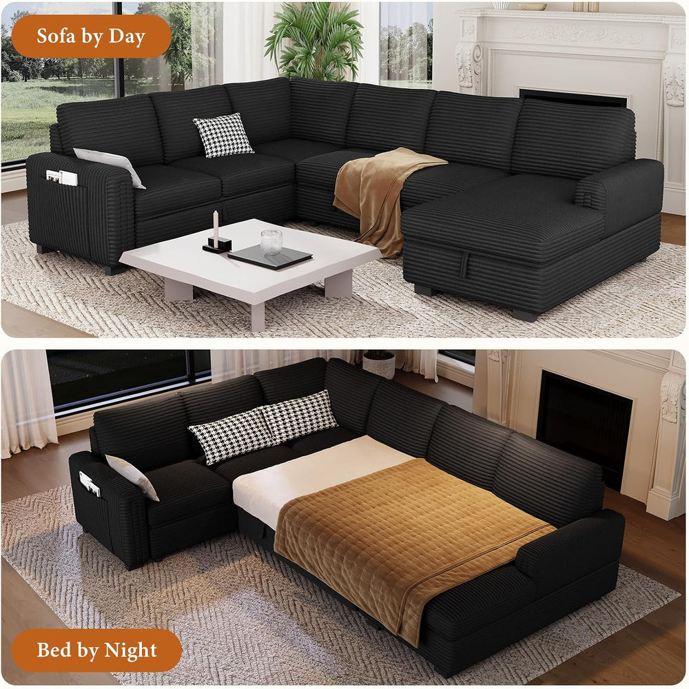 Vesgantti 113.6" Modular Sectional Sofa with Pull Out Bed, 7 Seater, Black