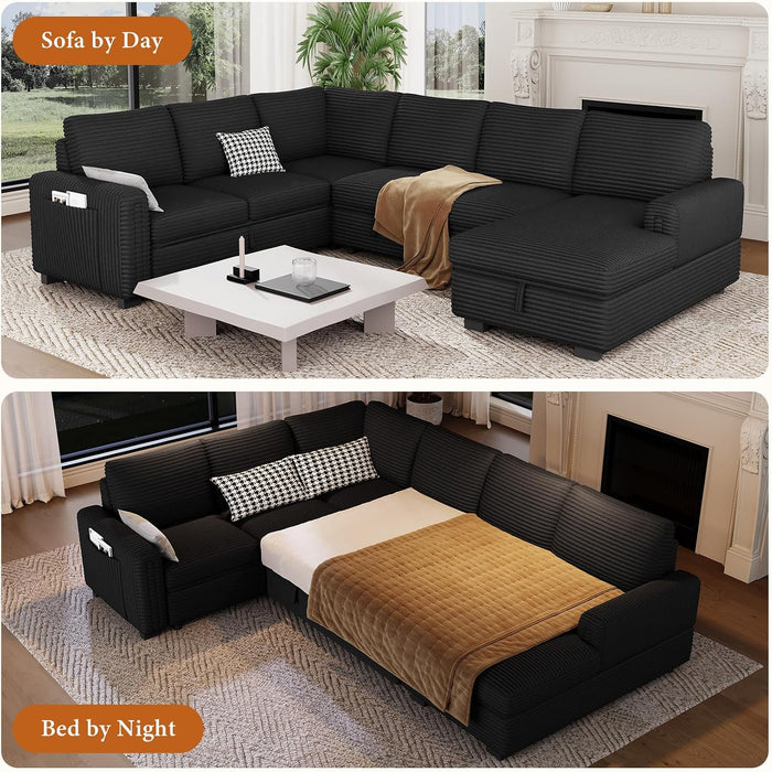 Vesgantti 113.6" Modular Sectional Sofa with Pull Out Bed, 7 Seater, Black