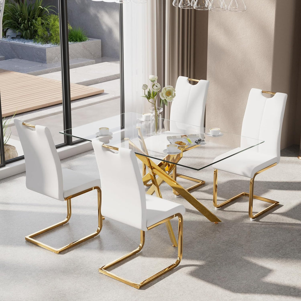 5-Piece Dining Table Set for 4, Modern Rectangular Glass Table with 4 Upholst...