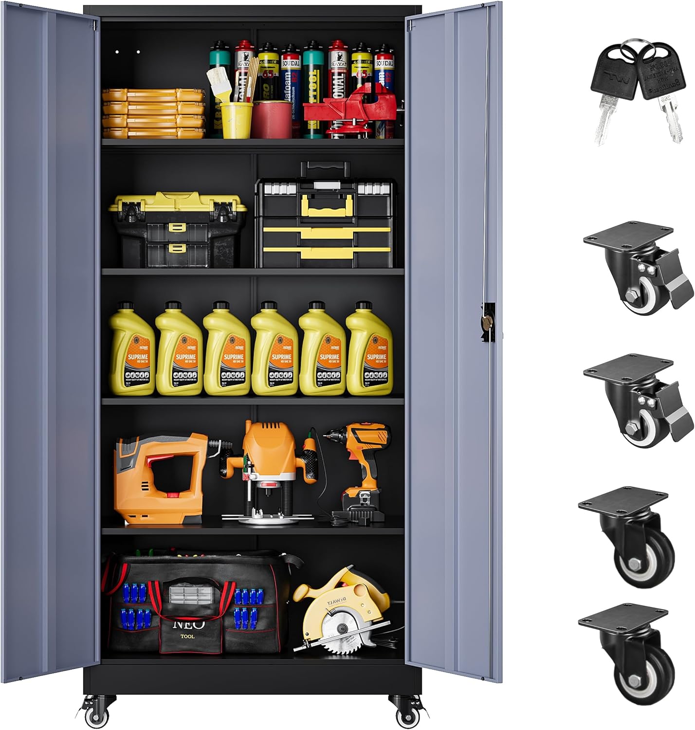 SISESOL 75" Tall Metal Storage Cabinet with Wheels,Rolling Garage Storage Cabinet with Lock,Gray Metal Cabinets with Wheels and Shelves,Tall Tool Cabinets on Wheel for Garage,Home,Office,Shop