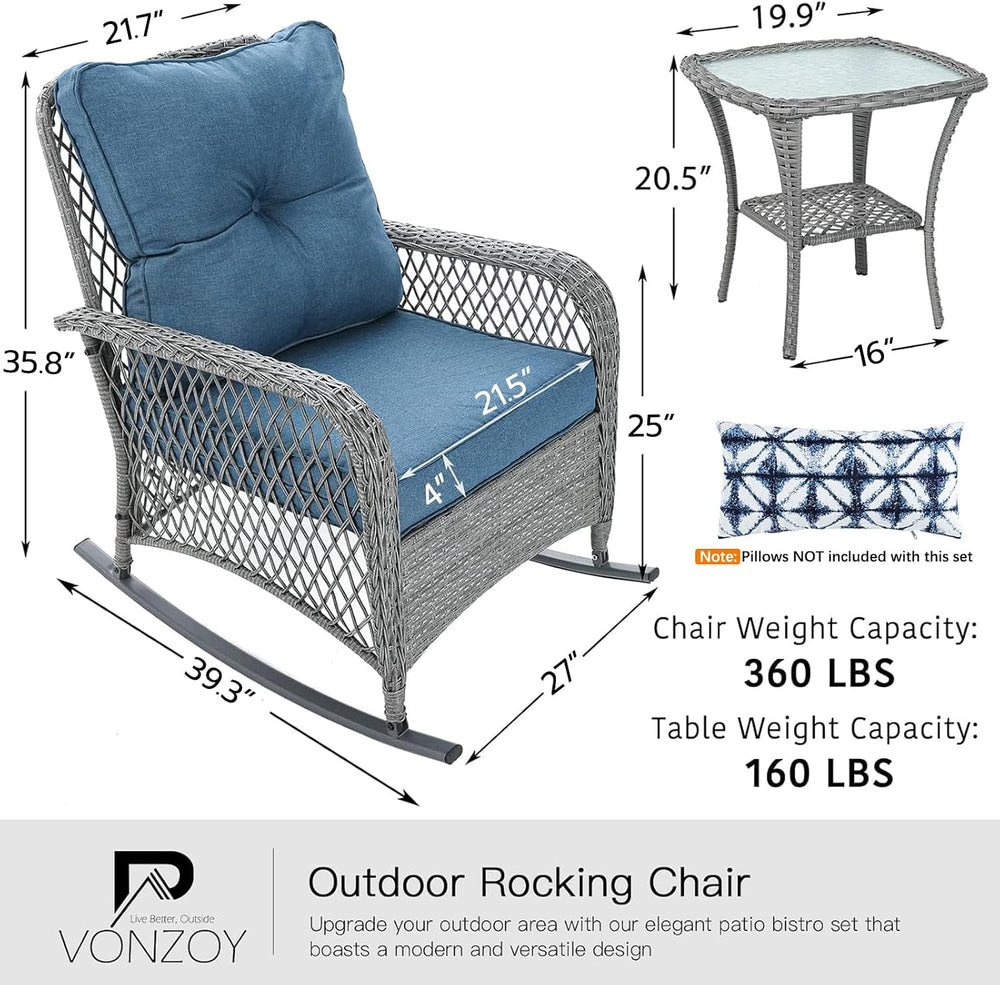 Patio Furniture Set 3 Pieces, Wicker Outdoor Rocking Bistro Set, Blue | VONZO...