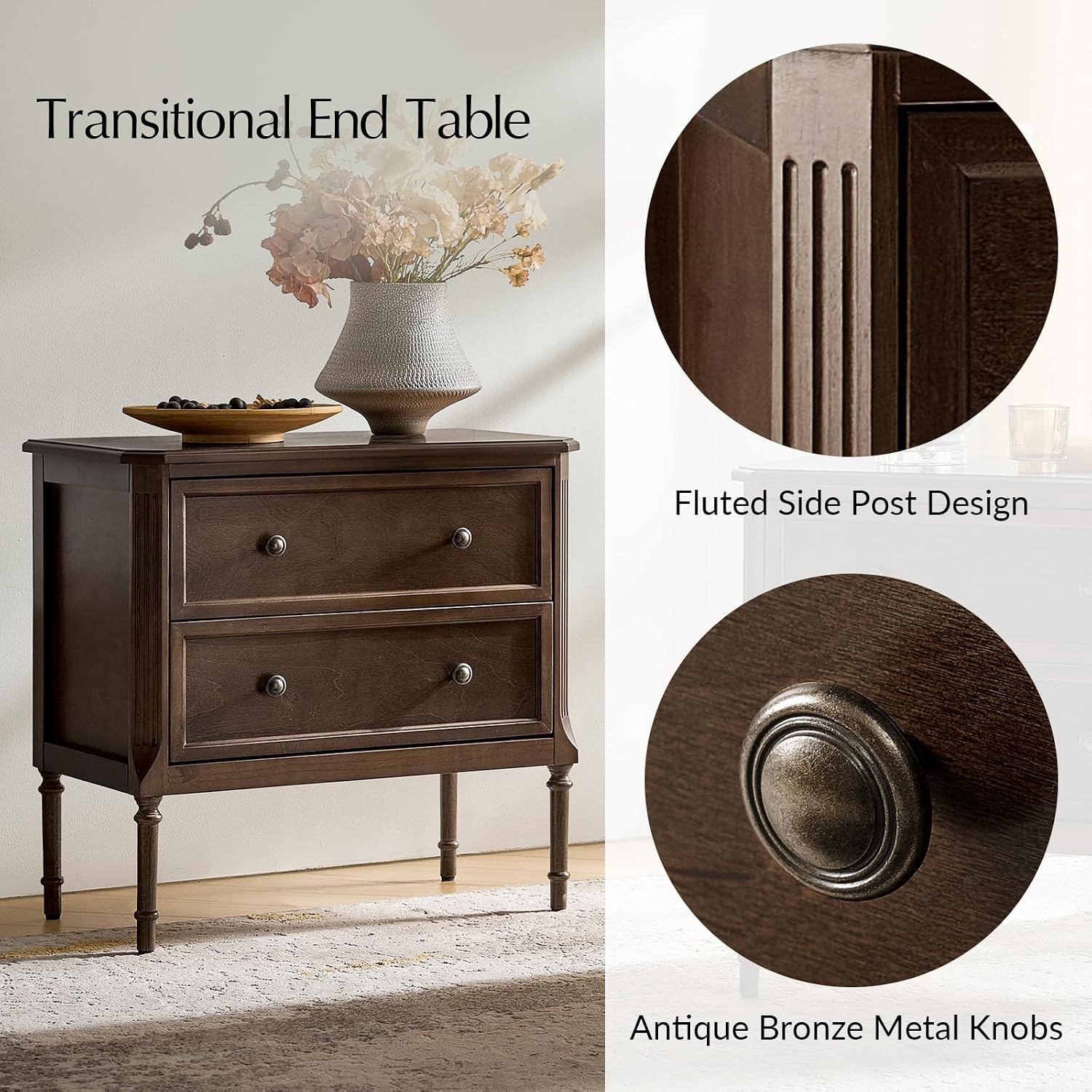 HULALA HOME Solid Wood End Table with Charging Station, Mid-Century Modern End Table with 2 Drawer, Adjustable Solid Wood Feet, Easy Assembly Set of 2, Walnut