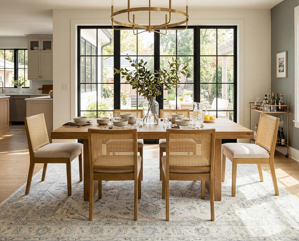 BESTANO Farmhouse Rattan Oka Wood Dining Chairs Set of 6 with Cane Back