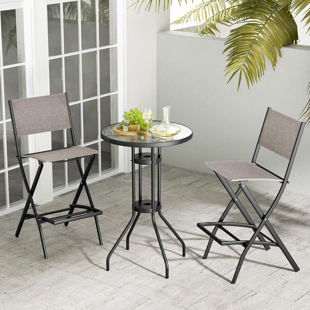 COSTWAY Outdoor Patio Folding Bar Chair Set of 2 with Metal Frame, Footrest