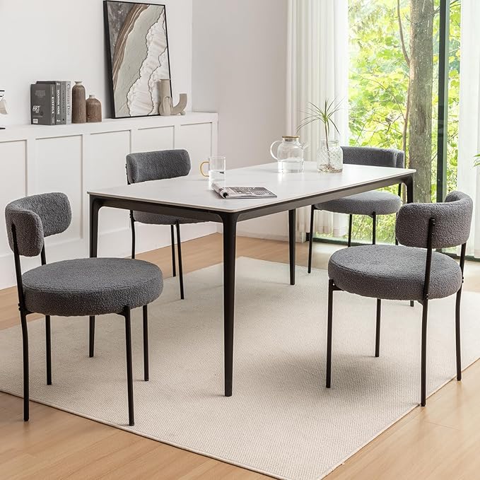 Boucle Dining Chairs Set of 4, Mid Century Modern Dining Room Chairs with Metal Legs, Upholstered Kitchen Chairs for Dining Room, Kitchen (Grey)