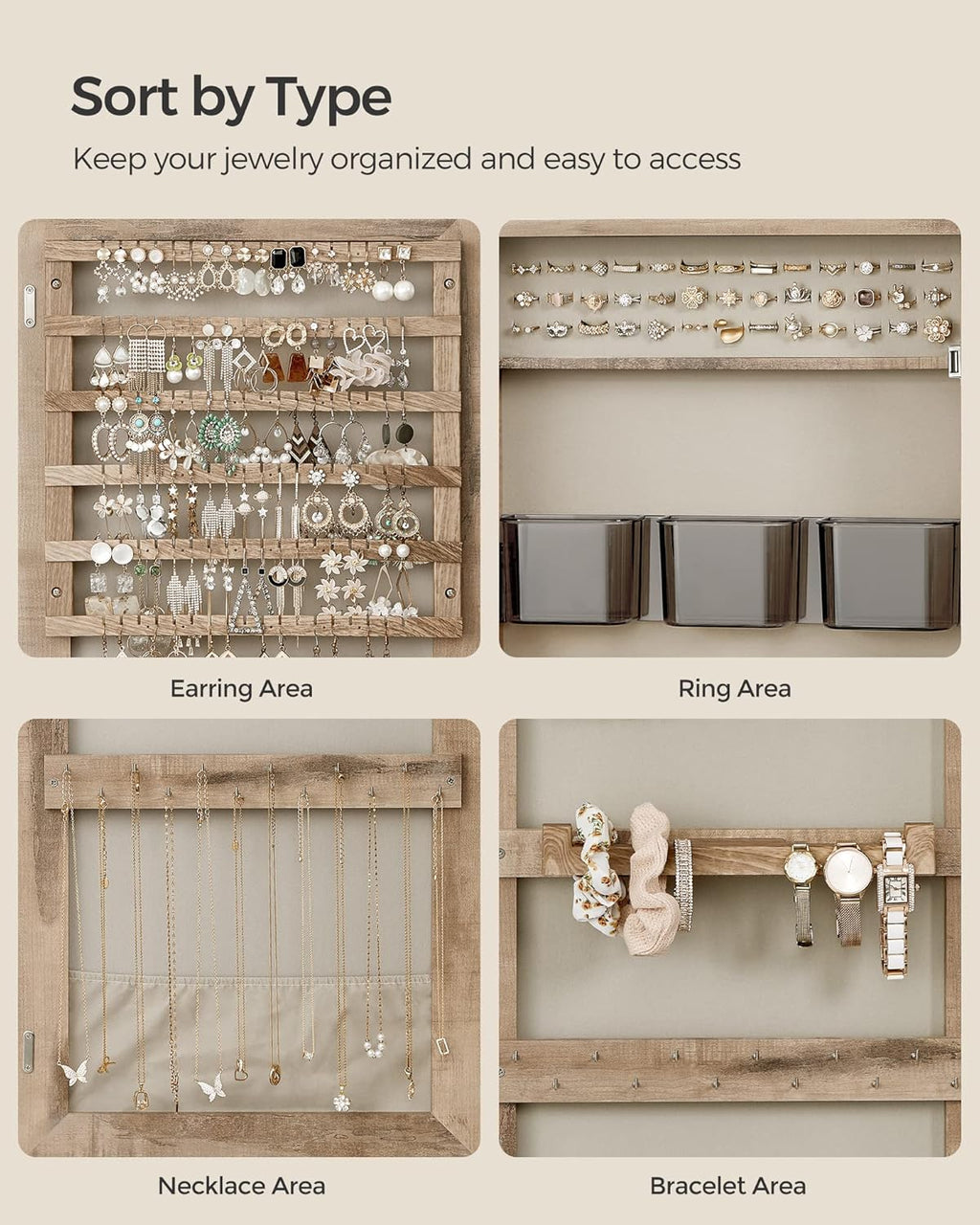 SONGMICS Mirror Jewelry Cabinet Armoire, Wall or Door Mounted Jewelry Storage Organizer, Hanging Lockable Frameless Mirror Cabinet with 2 Cosmetic Organizers, Christmas Gift Idea, Toasted Oak Color