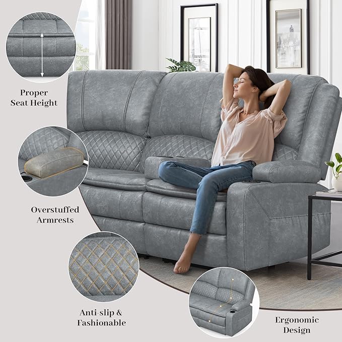 Manual Reclining Sectional Sofa Set, 7 Seats Soft Leather Recliner Corner Sectional Couch, Family-Sized L-Shaped Recliner Couch with USB Charging, Thickened Padding, Sturdy Frame, Grey