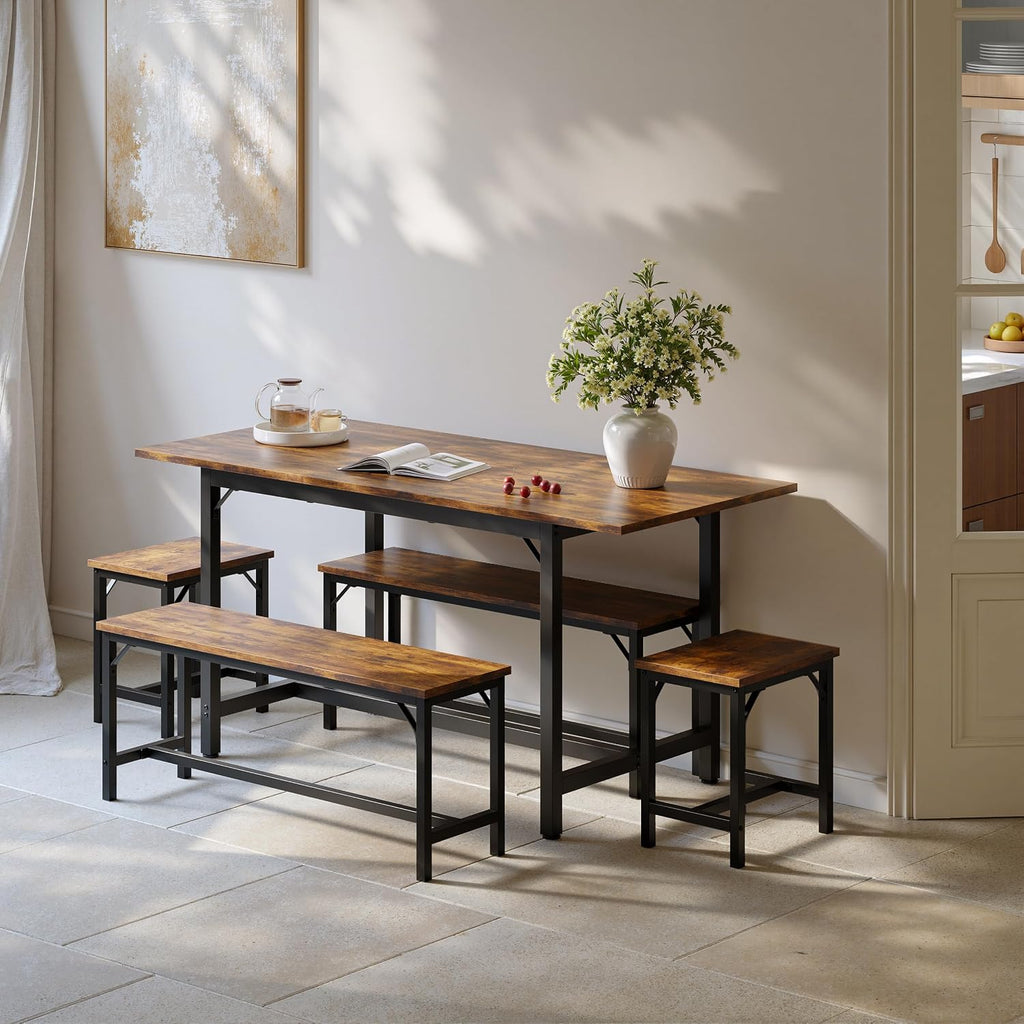Tatub 5-Piece Dining Table Set for 4-8, 63" Extendable Dining Room Table with 2 Benches and 2 Square Stools, Space Saving Rectangle Kitchen Table Set for Breakfast Nook and Small Space,Brown