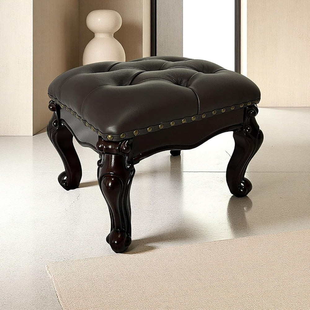 Leather Foot Stool,Vintage Footstools,Wooden Footrest,Upholstered Foot Rest f...