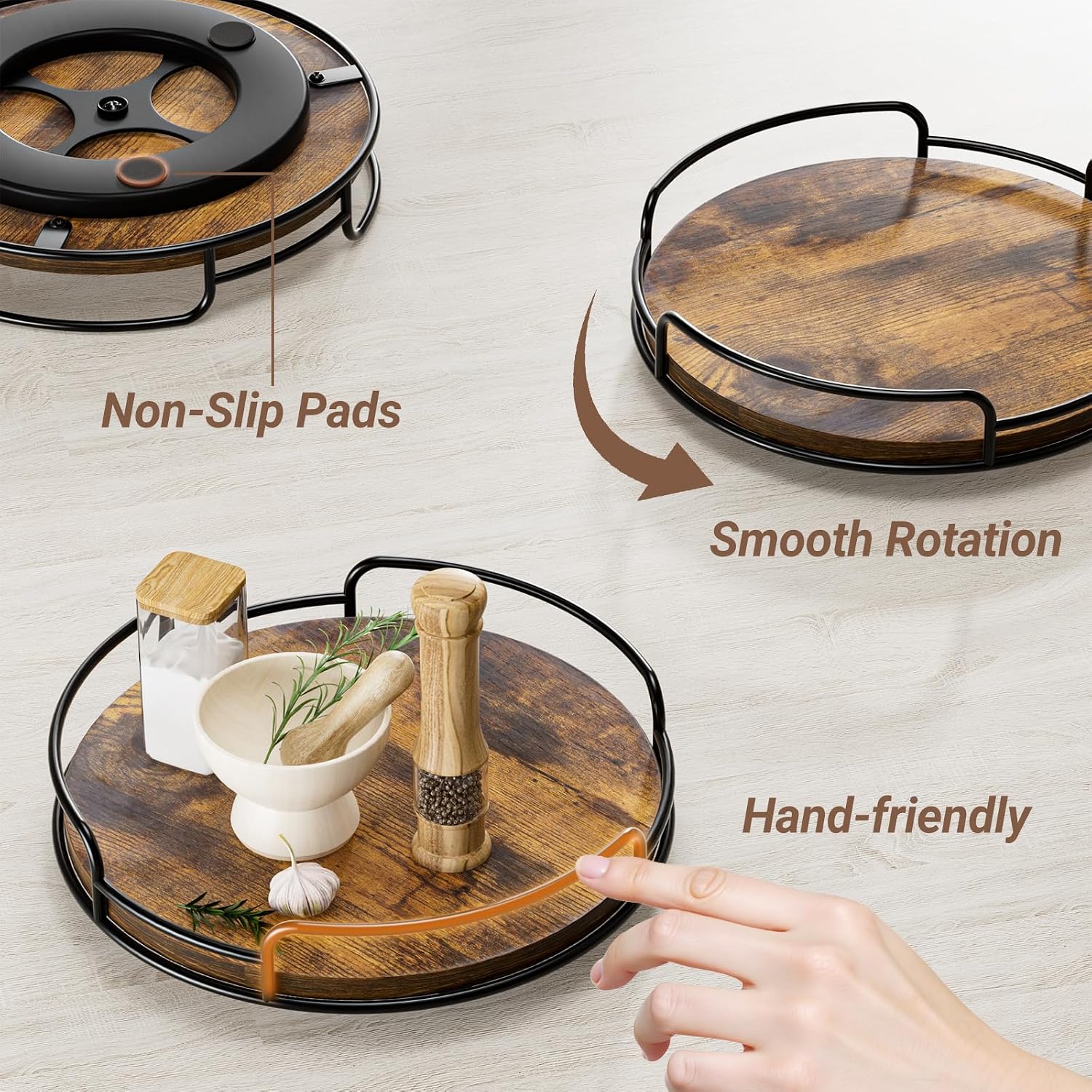 WOWBOX 9" Wood Lazy Susan Turntable Organizer for Cabinet, Pantry & Counter | Smooth 360° Rotation, Space-Saving Wooden Organizer for Spice Jars, Kitchen, Bathroom, Vanity & Tabletop