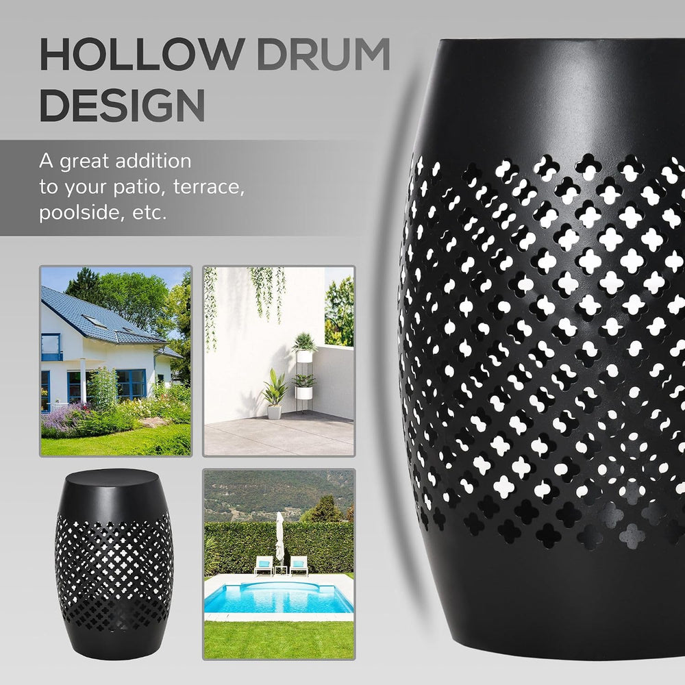 Black Steel 12.5in Round Patio Side Table 18in Tall, Hollow Drum Structure, 2...