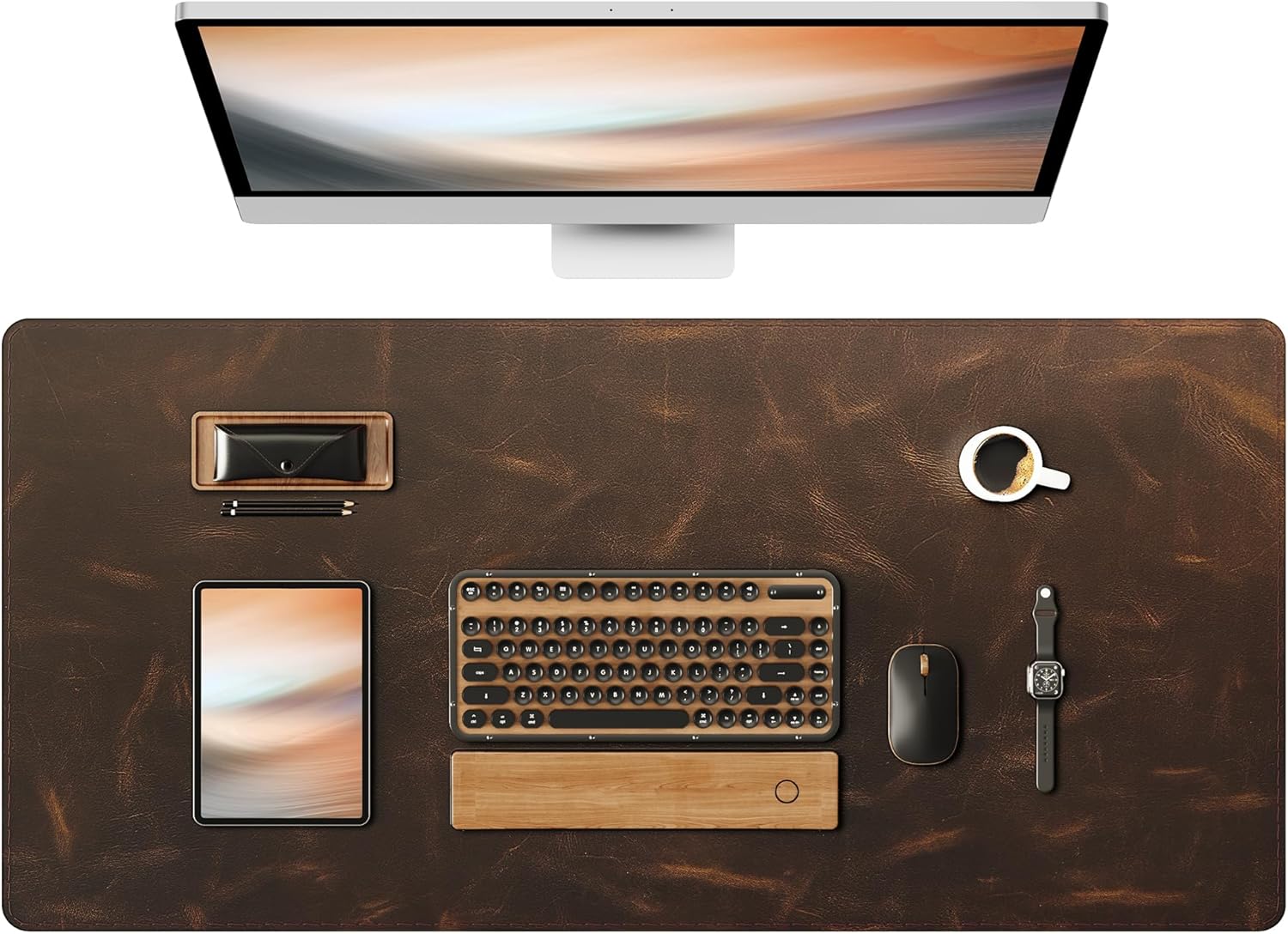 YSAGi Leather Desk Mat, 35.4"x17"Real Leather Desk Pad,3mm Thick Desk Blotter with Stiched line,Oil-Wax Feel Mouse pad and Self-Healing Laptop Pad for Home & Office(Classic Dark Brown)
