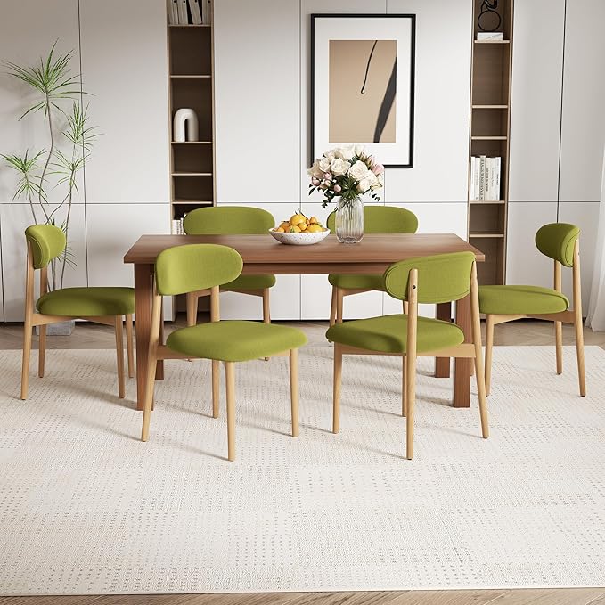 Wooden Dining Chair Set of 6, Modern Dining Chairs with with Curved Back, Fabric Upholstered Kitchen Dining Room Chairs with Adjustable Legs for Farmhouse Dining Living Room,Green