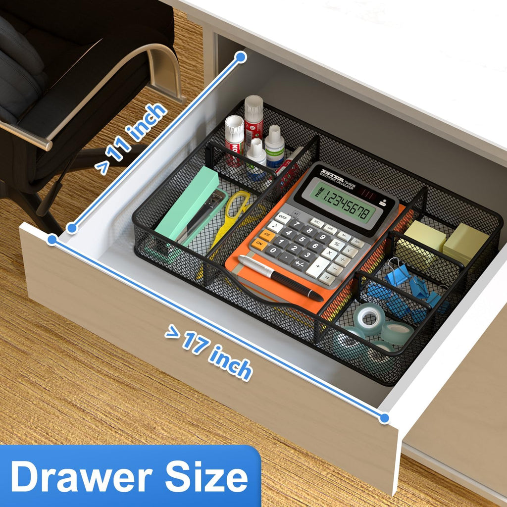 Desk Drawer Organizer, Metal Mesh Drawer Organizer Tray with 6 Adjustable Compartment, Tray Organizer for Desktop, Kitchen, Bathroom, Makeup, Vanity - 14.5x8.8x1.96 inch, Black, 1PC Large