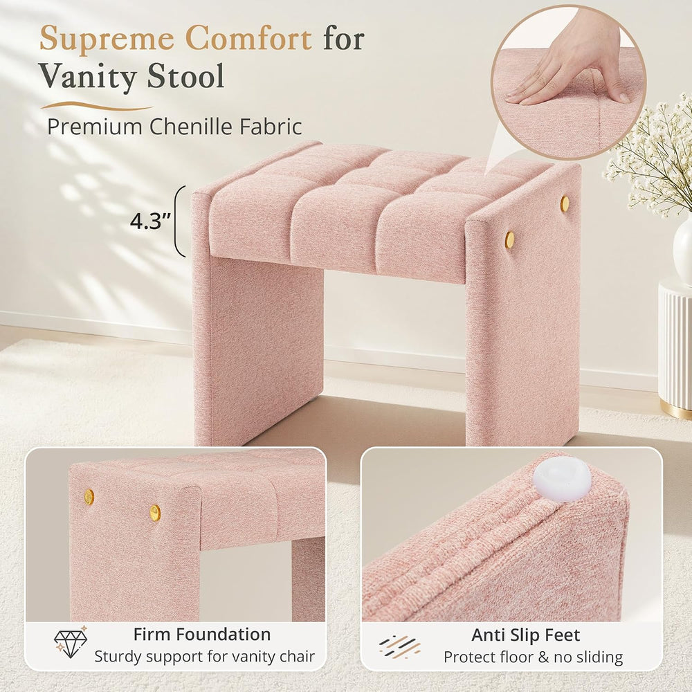 LUE BONA Modern Grid Tufted Vanity Bench Stool, 4.33'' Thick Chenille...