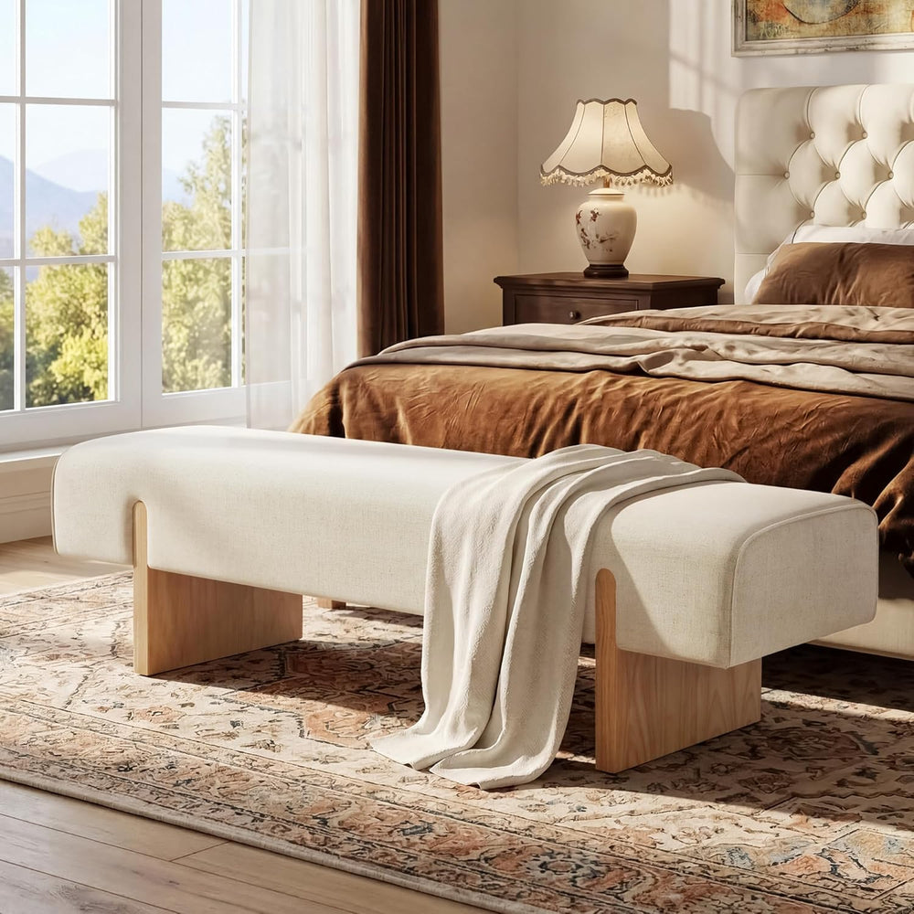 55’’ Upholstered End of Bed Bench, Linen Entryway Bench with Solid Wood Legs,...