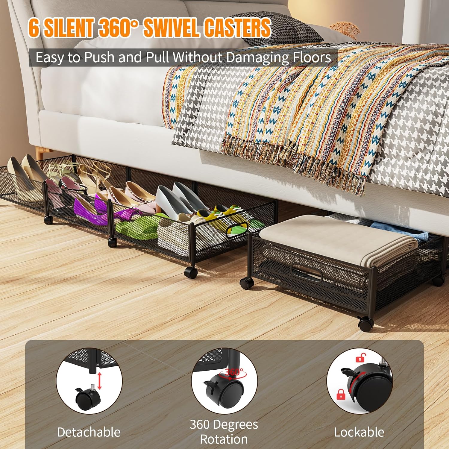 Under Bed Storage With Wheels, 47.2''/90lbs/57.6L, Metal Frame Under Bed Rolling Storage, Tool-Free Assembly Underbed Drawers, Underbed Organizer Containers for Shoes, Clothes and Toys