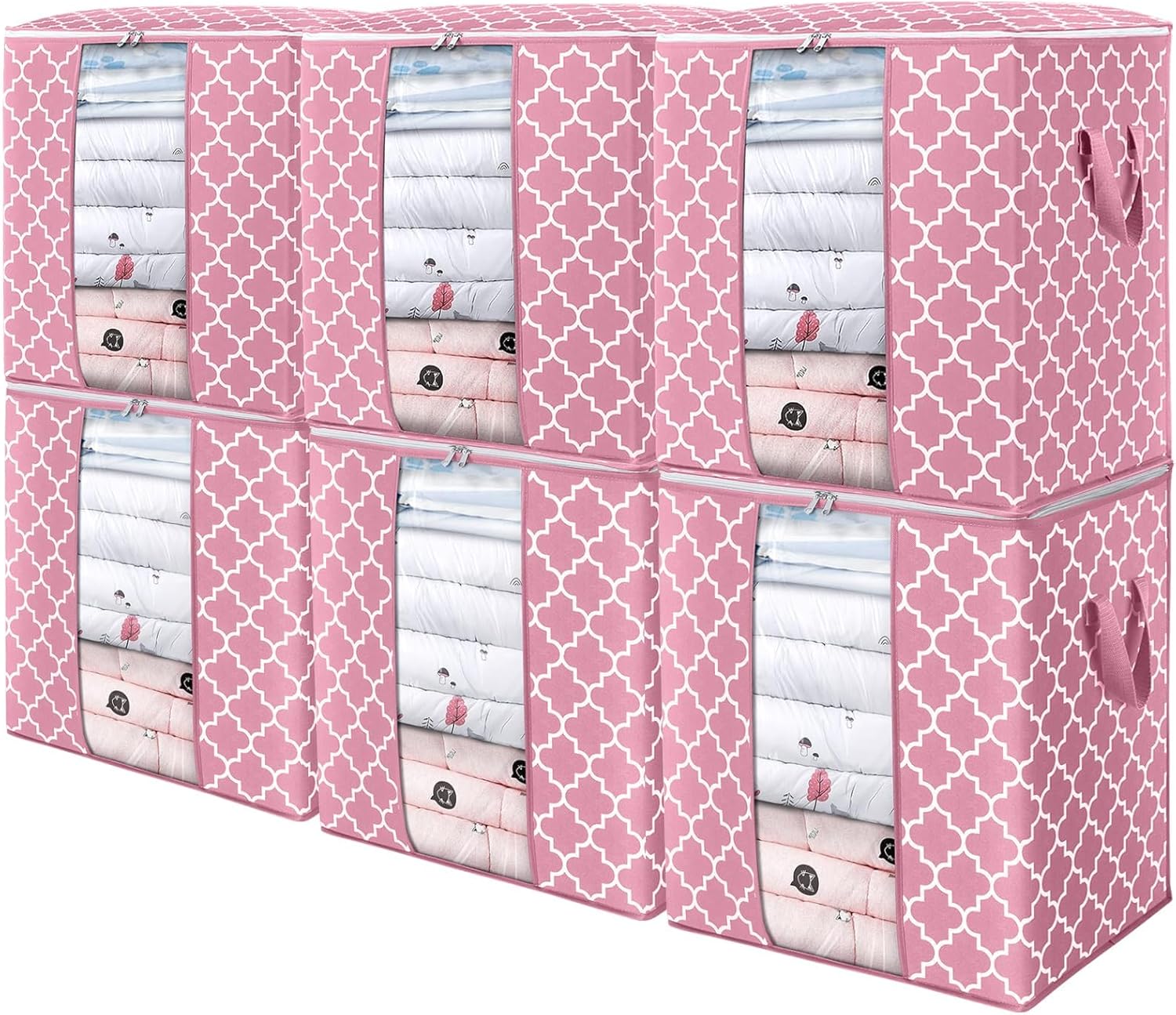 WISELIFE Storage Bags 6 Pack/100L Large Blanket Clothes Organization and Storage Containers for Comforters,Bedding, Foldable Organizer with Reinforced Handle, Clear Window, Sturdy Zippers,Pink