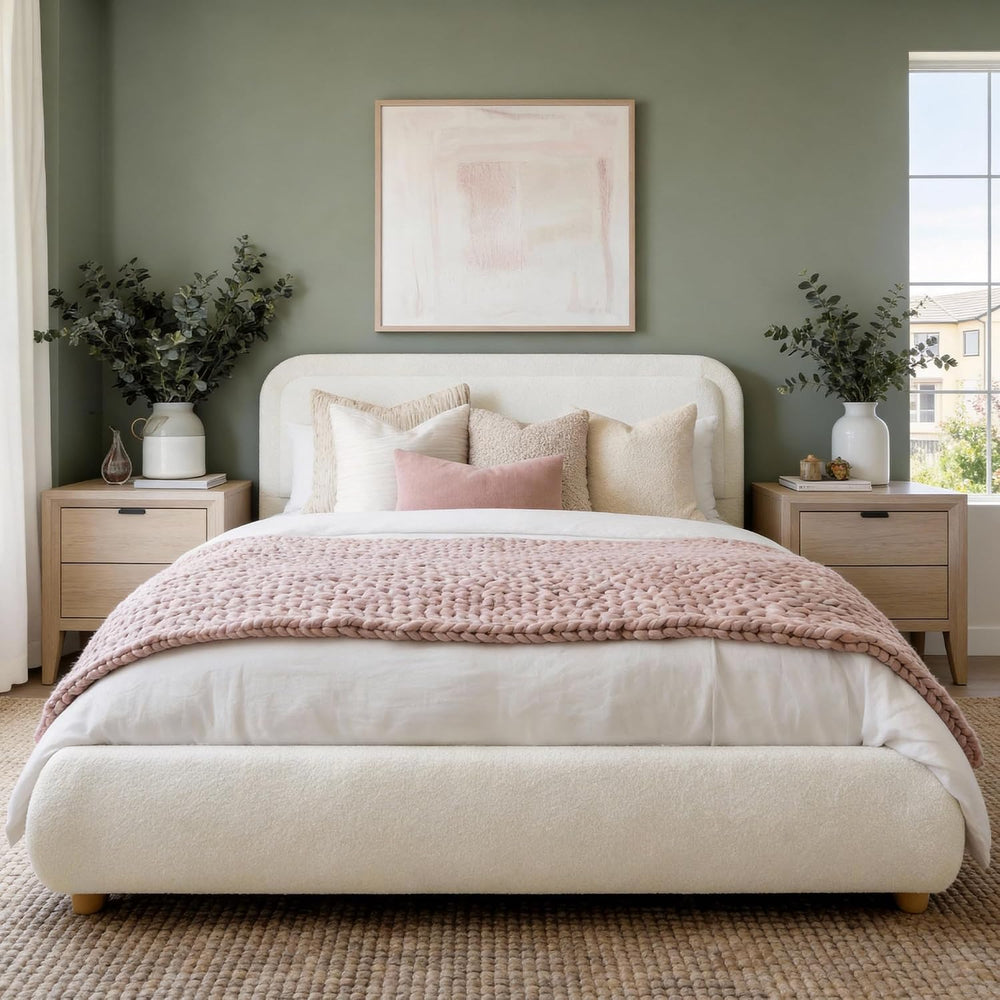 Brafab Cloud Queen Size Bed Frame with Headboard, Solid Wood Legs, Beige