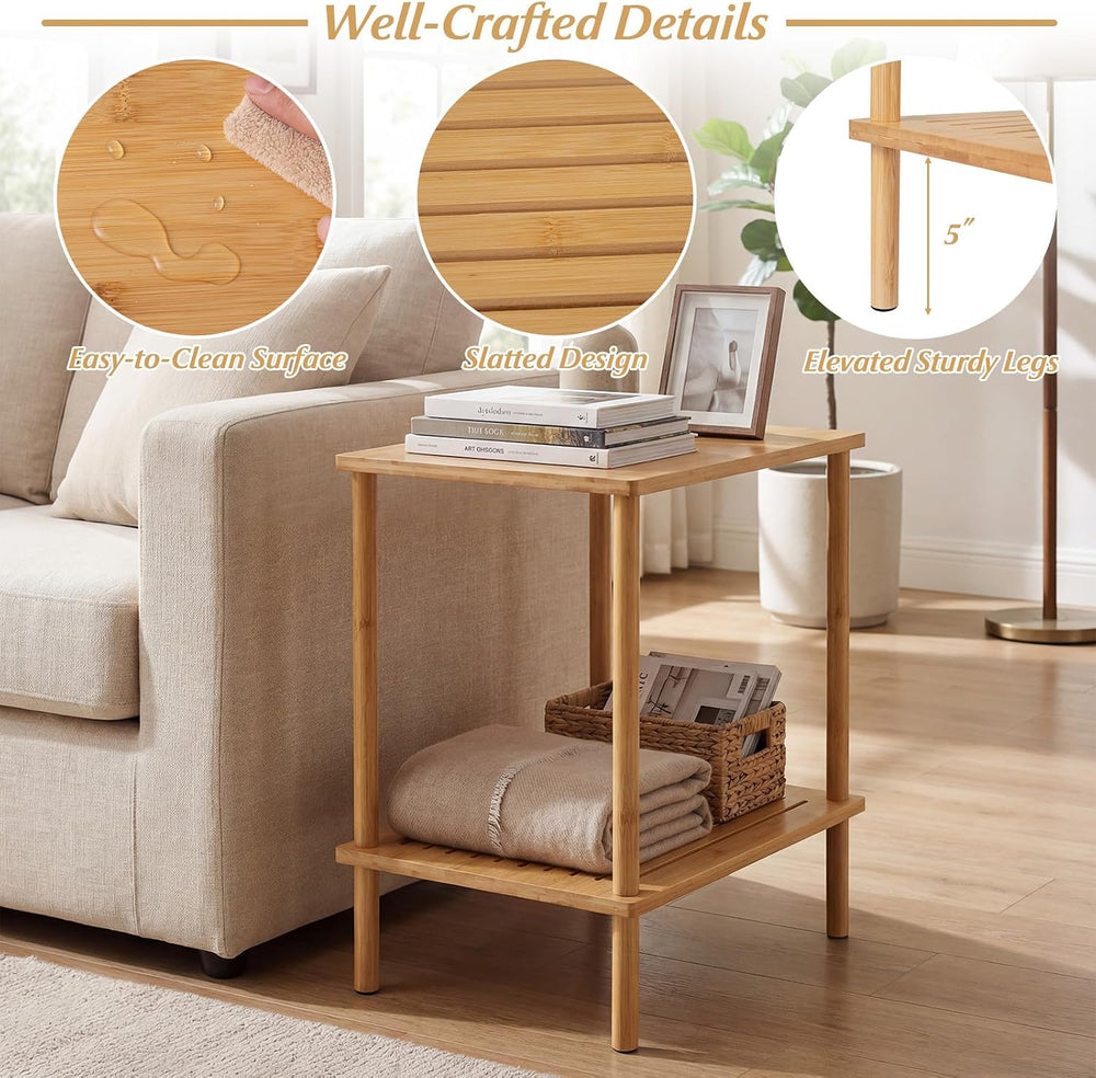Giantex Bamboo Side Table Set of 2, 2-Tier Sofa End Bedside Table w/Storage S...