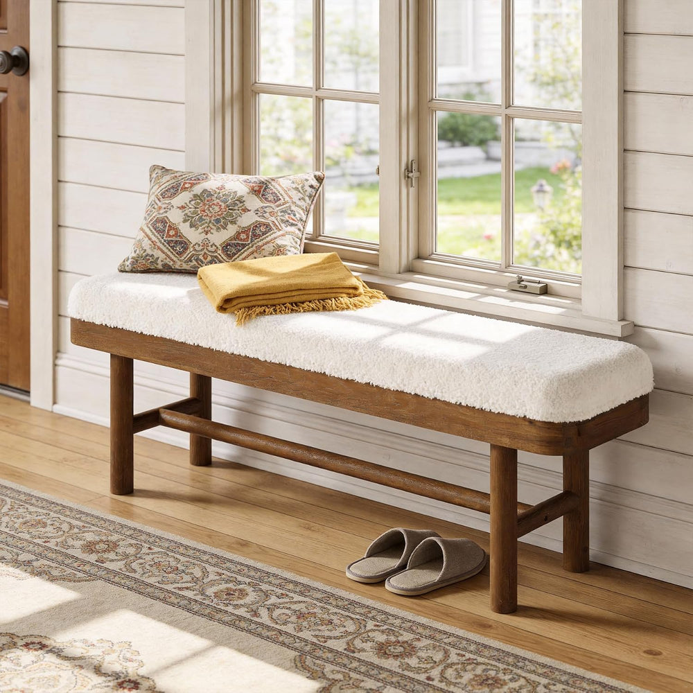 55-Inch Solid Wood Entryway Bench, Rustic Upholstered Bench, Modern Dining Be...