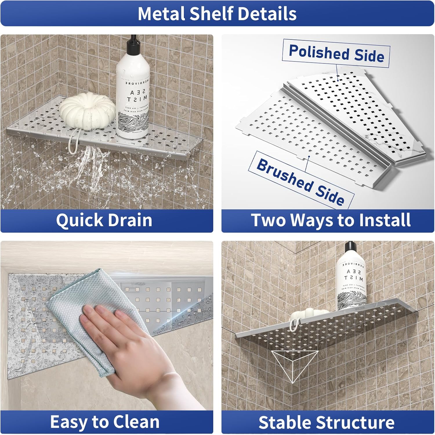 Corner Shower Shelf 12" Polished 304 Stainless Steel Recessed Trapezoid Grout in Shelves with Grid Design Bathroom Shelf Racks for Tiled Wall, 2 Pack
