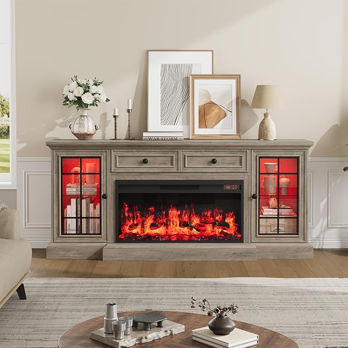 Fireplace TV Stand Up to 80" TVs, 70'' Modern Entertainment Center with 36" Electric Fireplace & LED Lights, Farmhouse Media Console with Storage Cabinet & Drawer for Living Room, Gray