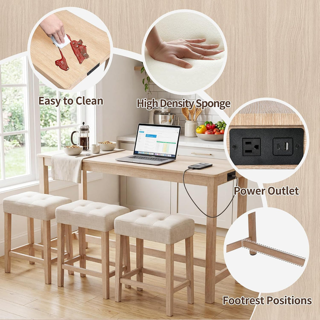DUHOME 4 Piece Bar Table Set with Power Outlet，Dining Table Set | Industrial Breakfast Table with 3 Padded Stools Solid Wood Counter Height Bar Set for Living Room, Dining Room Natural