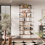 7 Tier Industrial Ladder Shelf Bookcase, Wall Mounted Rustic Bookshelf for Living Room Decor and Storage (Walnut Color, 7 Tier - 10" D x 36" W x 95.5" H)