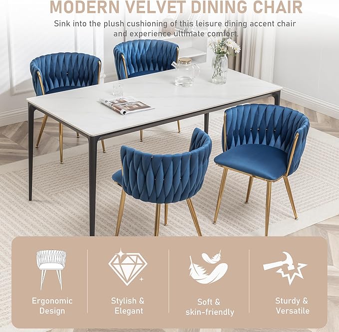 Kiztir Velvet Dining Chairs Set of 4, Modern Dining Chair with Gold Metal Legs, Luxury Tufted Dining Chairs for Dining Room, Bedroom, Kitchen (Blue)