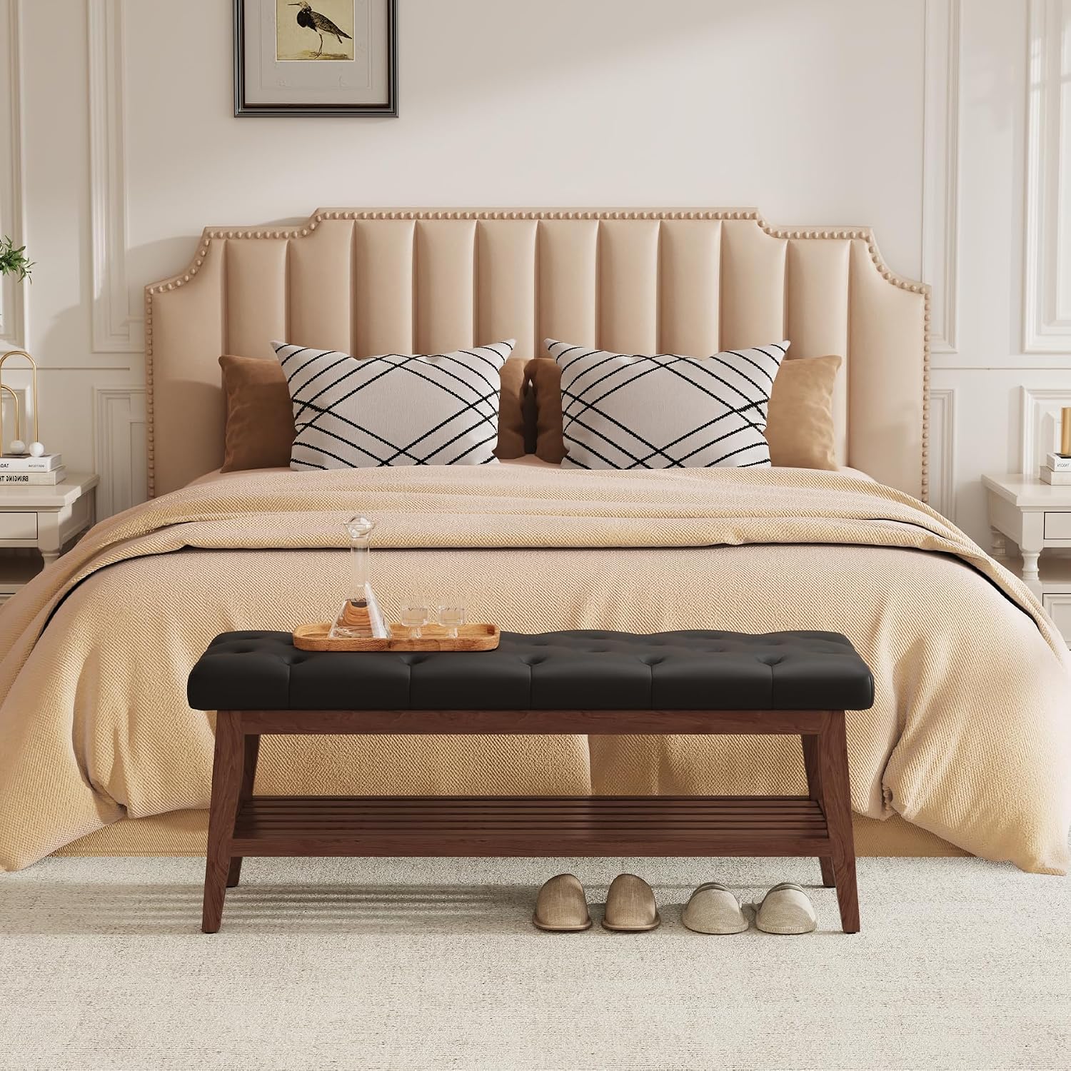 LEILISI Entryway Shoe Bench with Storage, End of Bed Bench, Microfiber Leather Upholstered Button-Tufted Seat Bench with Solid Wood Frame for Living Room, Bedroom (Black, 39.4'')
