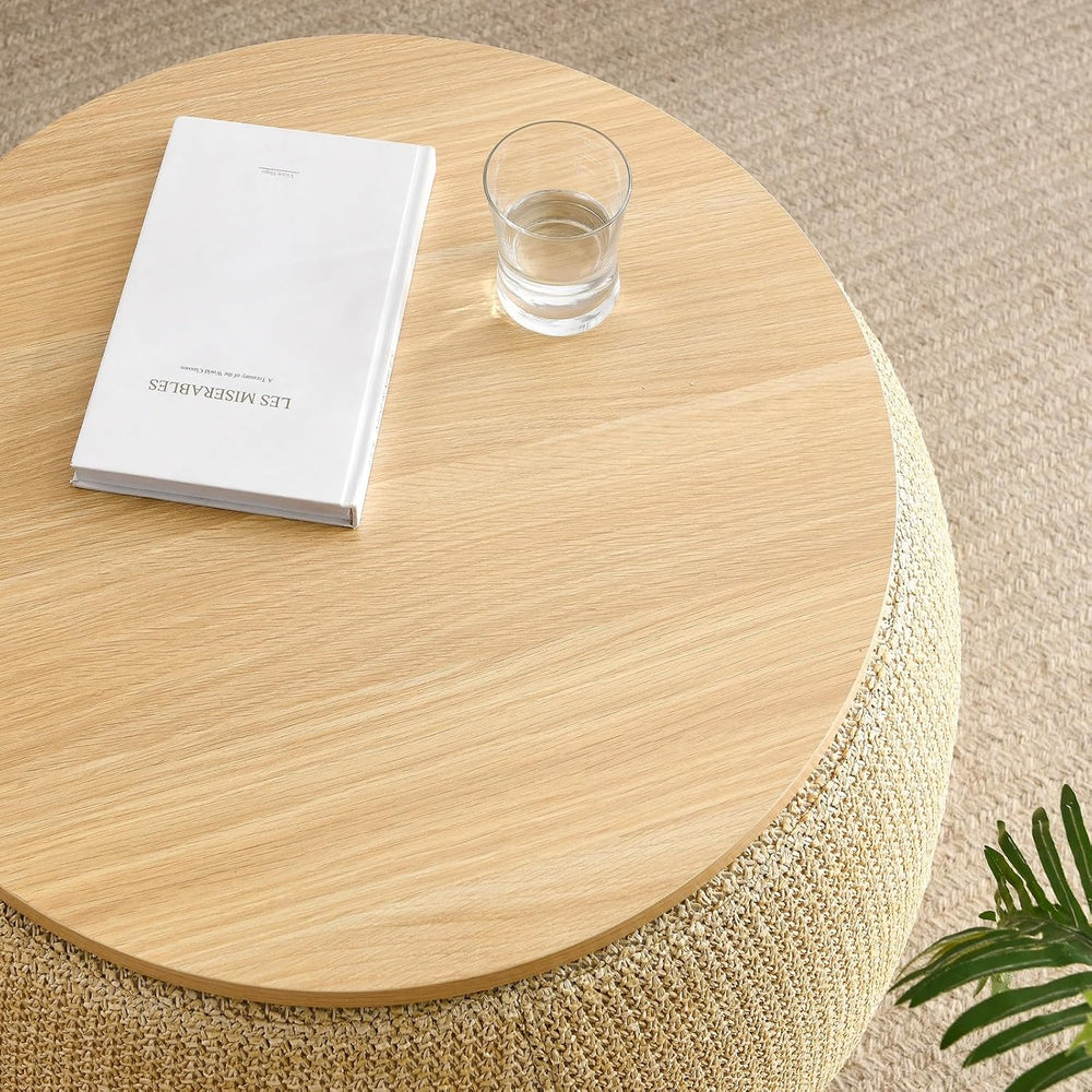 Round Storage Ottoman, 2 in 1 Function, Work as End Table and Ottoman, Natura...