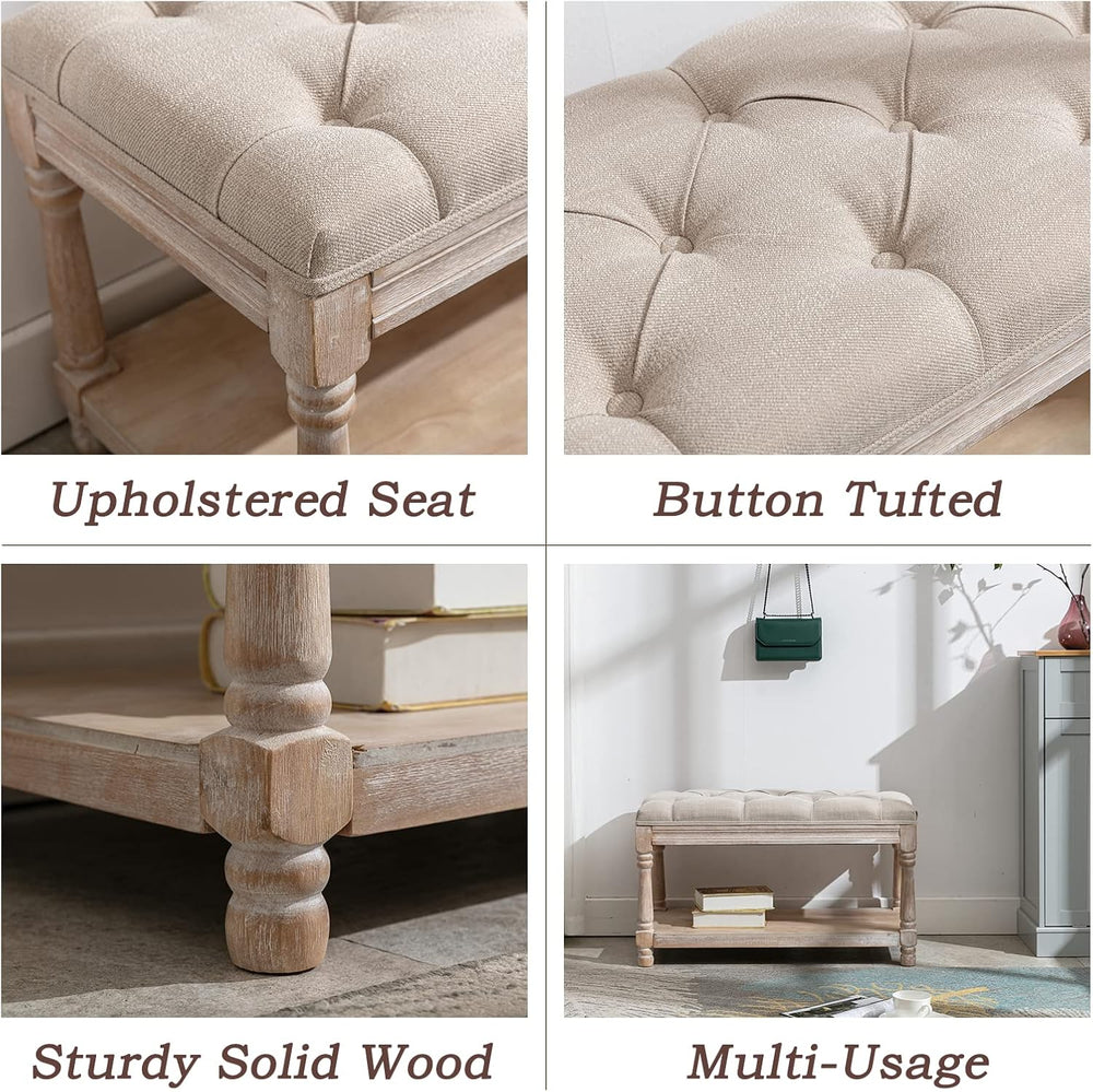 Farmhouse Storage Bench Wooden Entryway Linen Upholstered Ottoman Button Tuft...