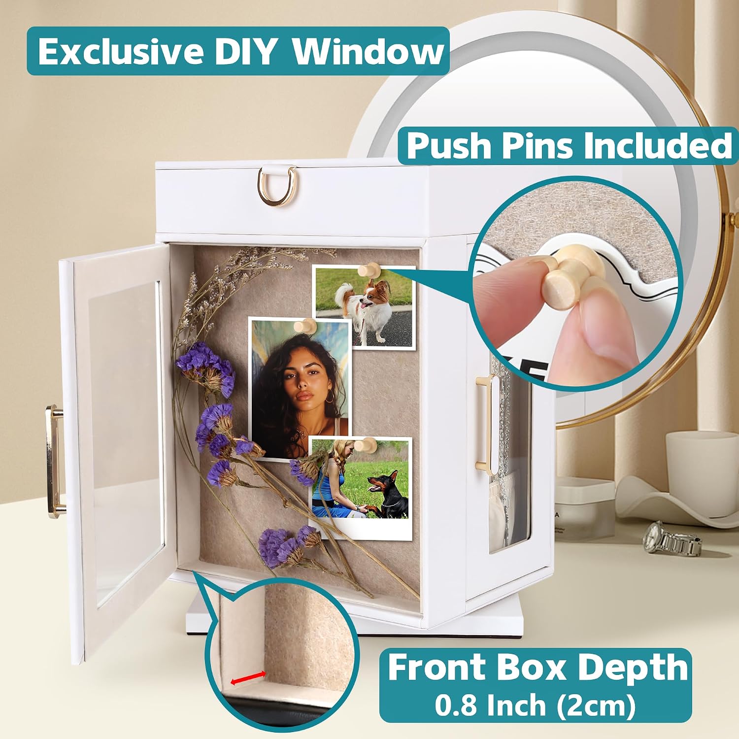 Kendal 360° Rotating Jewelry Box - White PU Leather Jewelry Organizer with Shadow Box & Pinboard, Detachable Top Tray, Drawers & Push Pins for Personalized Accessory Display & Storage