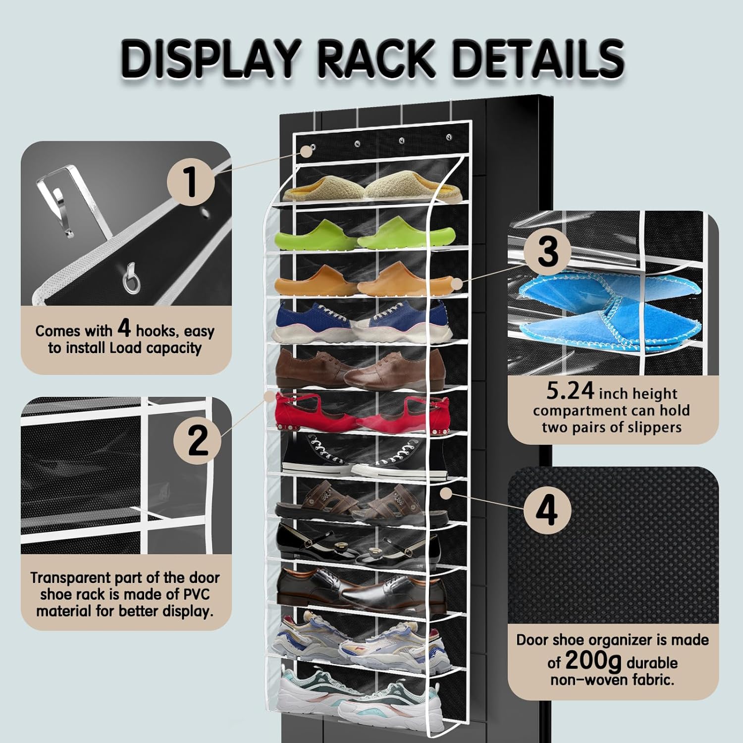 Over The Door Shoe Organizer with 12 Large Breathable Pockets - Heavy Duty Hanging Storage for Adult, Kids & Baby Shoes - Black