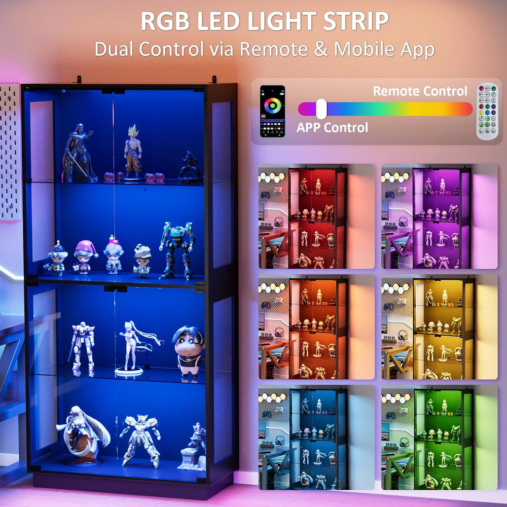 Display Cabinet with Glass Doors 4 Tier Glass Display Case with RGB LED Light...
