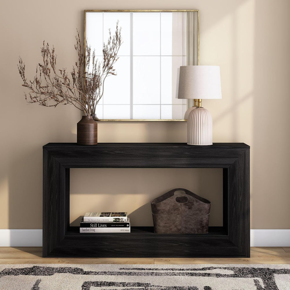 Plank+Beam Grand Console Table, 56 Inch, with Shelf, Black Wirebrush | Balanc...