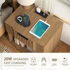 Yechen Fluted Nightstands Set of 2 with 20W Fast Charging Station - Large Wood Night Stands with Drawer & Shelf, Modern Wide Bedside End Tables for Bedroom with Curved Profile Base, Natural Oak