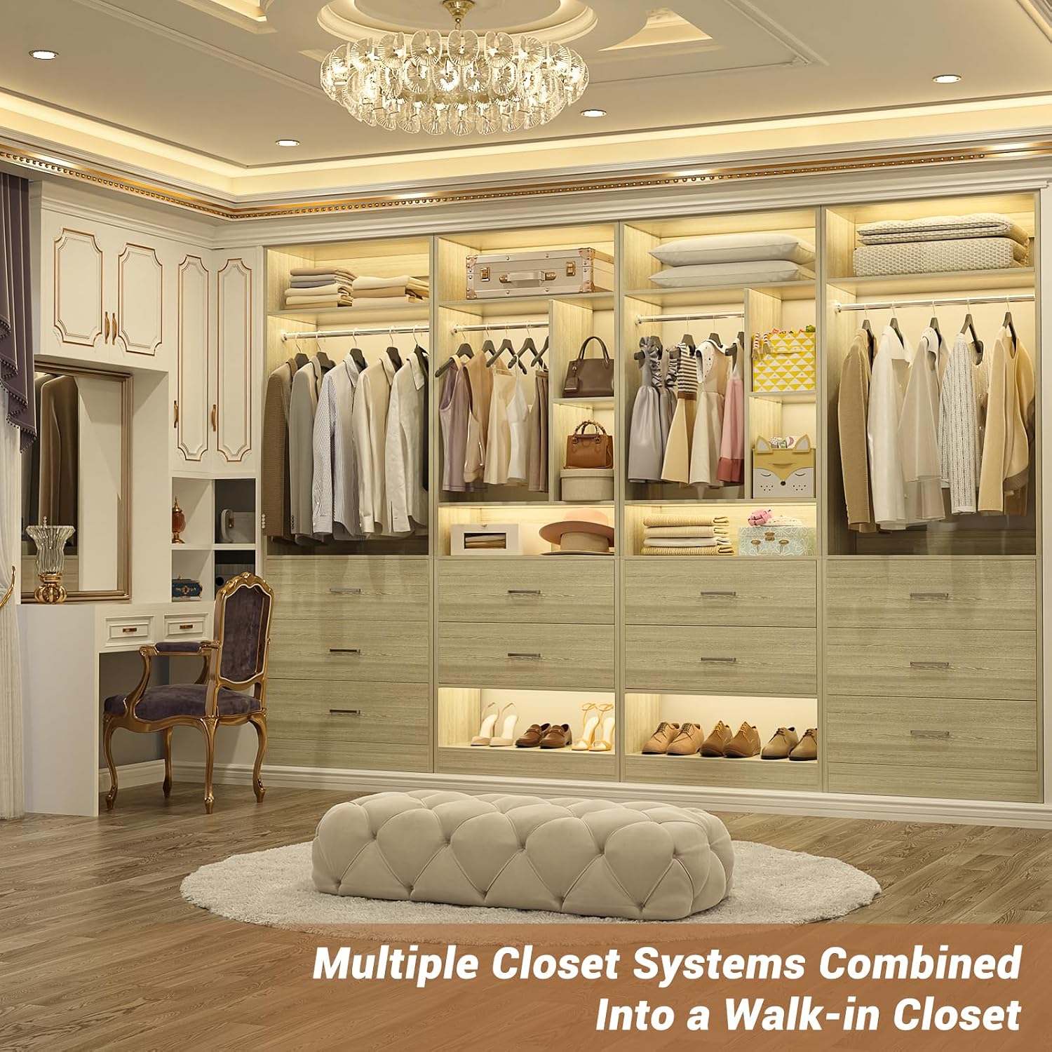Besiost 4FT Closet Systems with 5 Drawers, 48" Closet Organizer System | Wood Closet Organizer with 2 Hanging Rods & 7 Shelves, Heavy Duty 48" Walk-in Closet, White Oak (48"L x 15" W x 80" H)