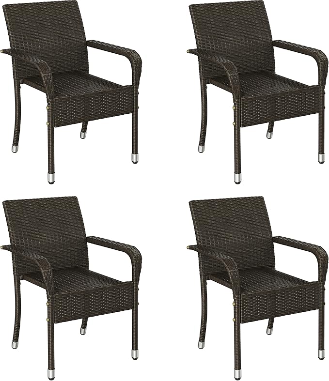 Yaheetech Set of 4 Stackable Outdoor Rattan Dining Chairs, All-Weather Armchair w/Armrests, Steel Frame for Garden, Patio, Deck, Yard, Poolside, Brown