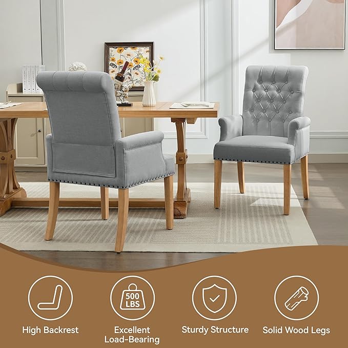 Fabric Dining Chair with Arms, Upholstered Tufted High Back Dining Room Chair...