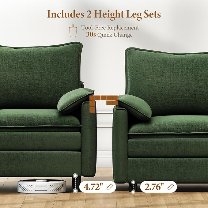 Vesgantti Large Modular Sectional Sofa, Big Comfy Cloud Couch with Ottoman Deep Seat Chenille Cloud Sofa, 9 Seater Large Sectional Couches for Living Room, Bedroom and Apartment, Green