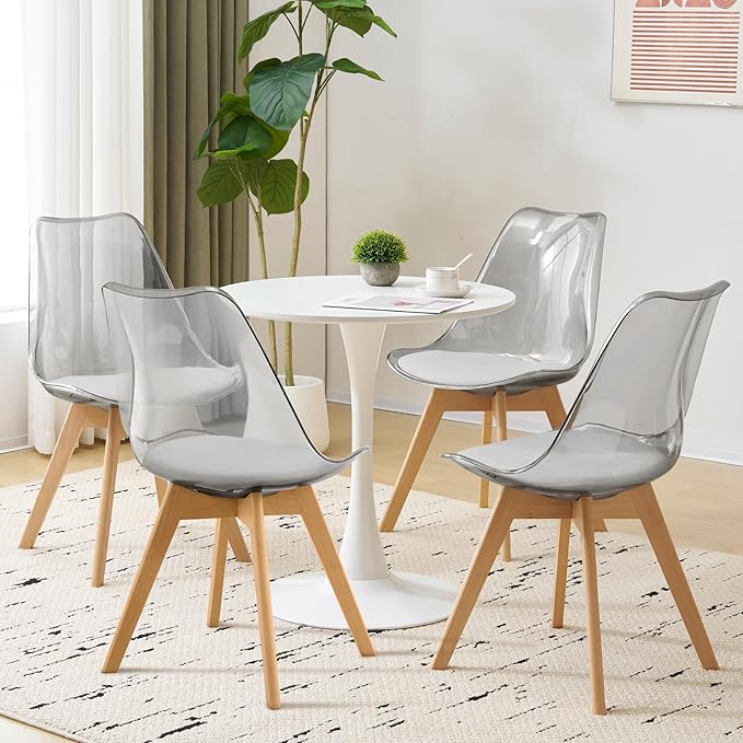 Clear Dining Chairs Set of 4, Modern Acrylic Dining Chair Transparent Chairs with PU Leather Cushions Seat & Wood Legs, Side Chairs for Dining Room Kitchen Restaurant Balcony (Grey)