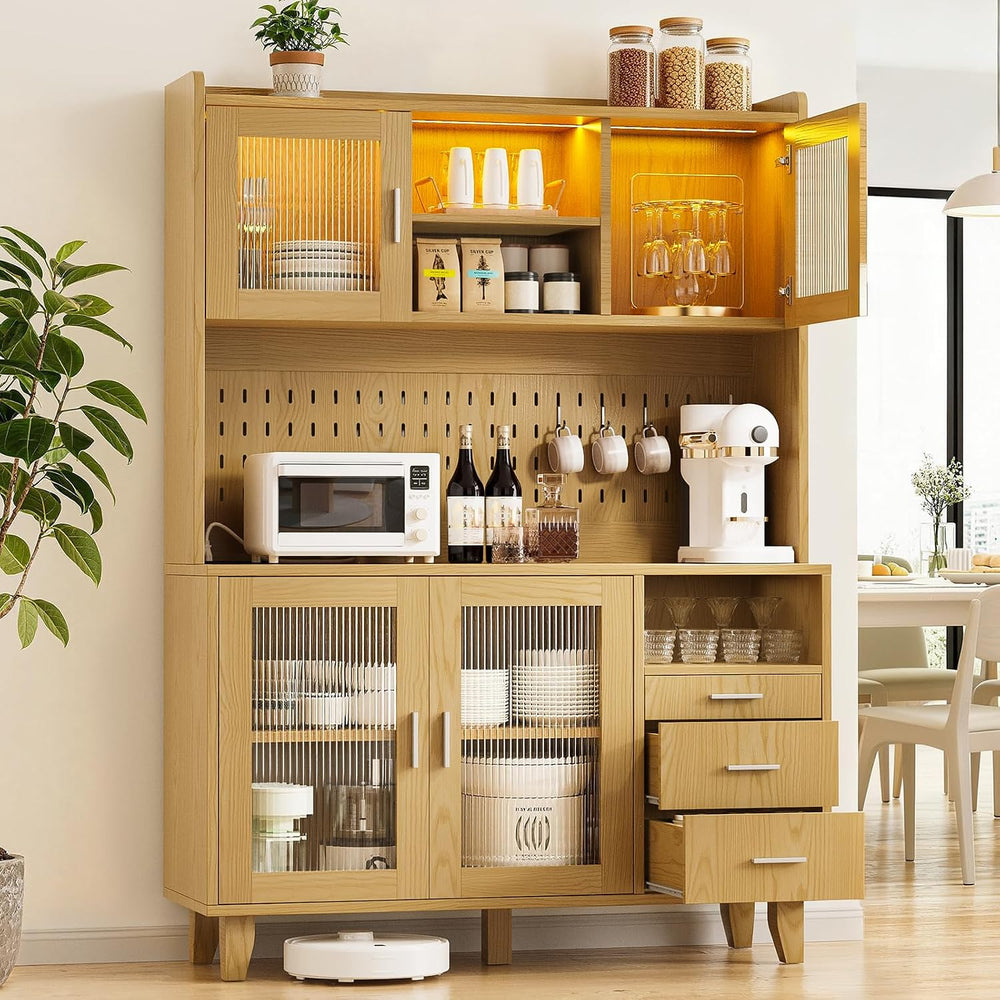71" Tall Kitchen Pantry Cabinet with Remote LED Light & Charging Sta...