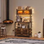 HOOBRO Bakers Rack with Storage Cabinet, 5-Tier Coffee Bar with Power Outlet and LED Lights, Industrial Microwave Oven Stand with Shelves, Kitchen Storage Shelf, Rustic Brown and Black BF13UDHB01