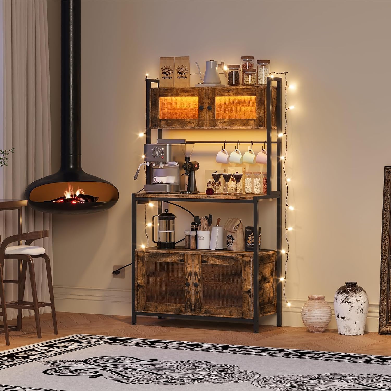 HOOBRO Bakers Rack with Storage Cabinet, 5-Tier Coffee Bar with Power Outlet and LED Lights, Industrial Microwave Oven Stand with Shelves, Kitchen Storage Shelf, Rustic Brown and Black BF13UDHB01