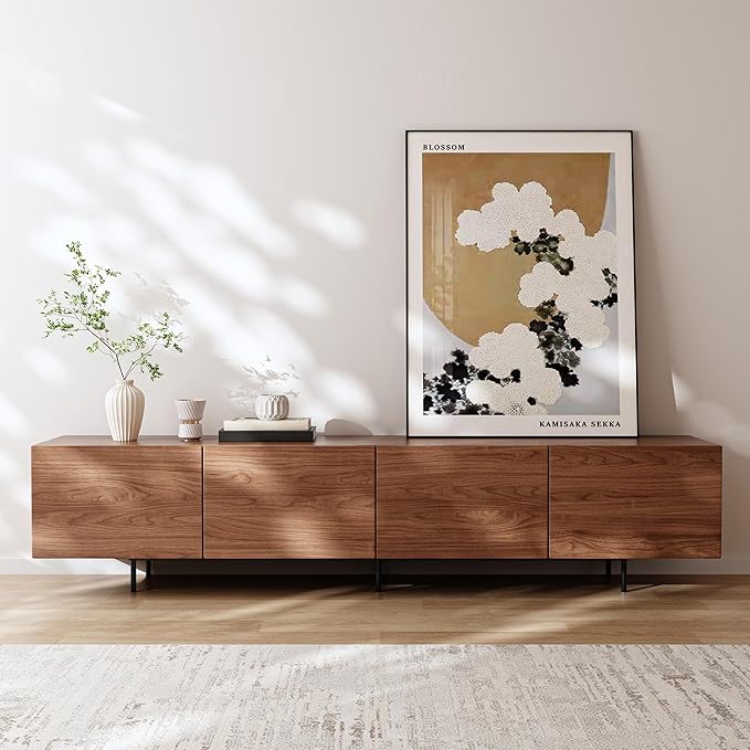 Modern Walnut TV Stand – Long Media Console with 4 Doors, Large Concealed Storage, Cable Management & Metal Legs, Contemporary Entertainment Center for Living Room (Walnut Brown, 86.6")